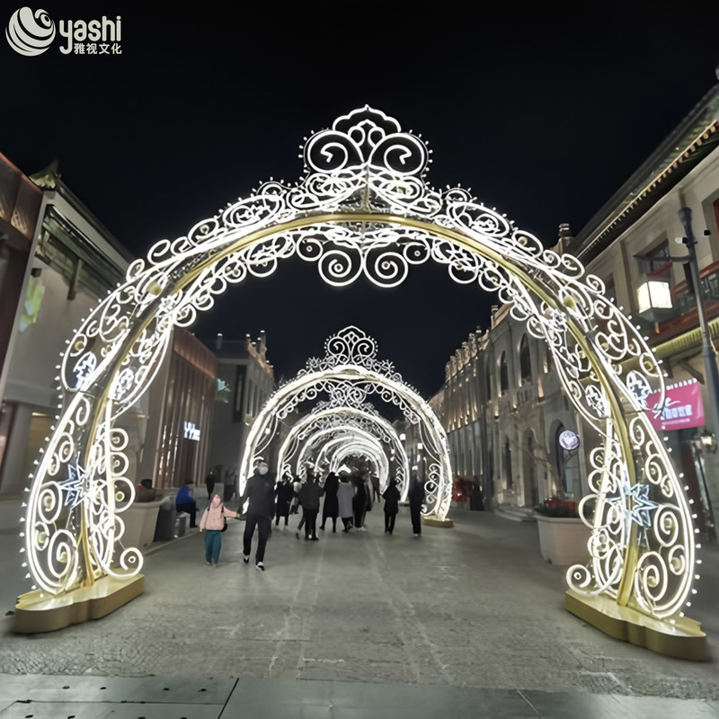 Luxury Golden Scroll LED Light Arch Tunnel, Outdoor Waterproof Ornate Lighted Archway for Plaza Christmas Light Festival