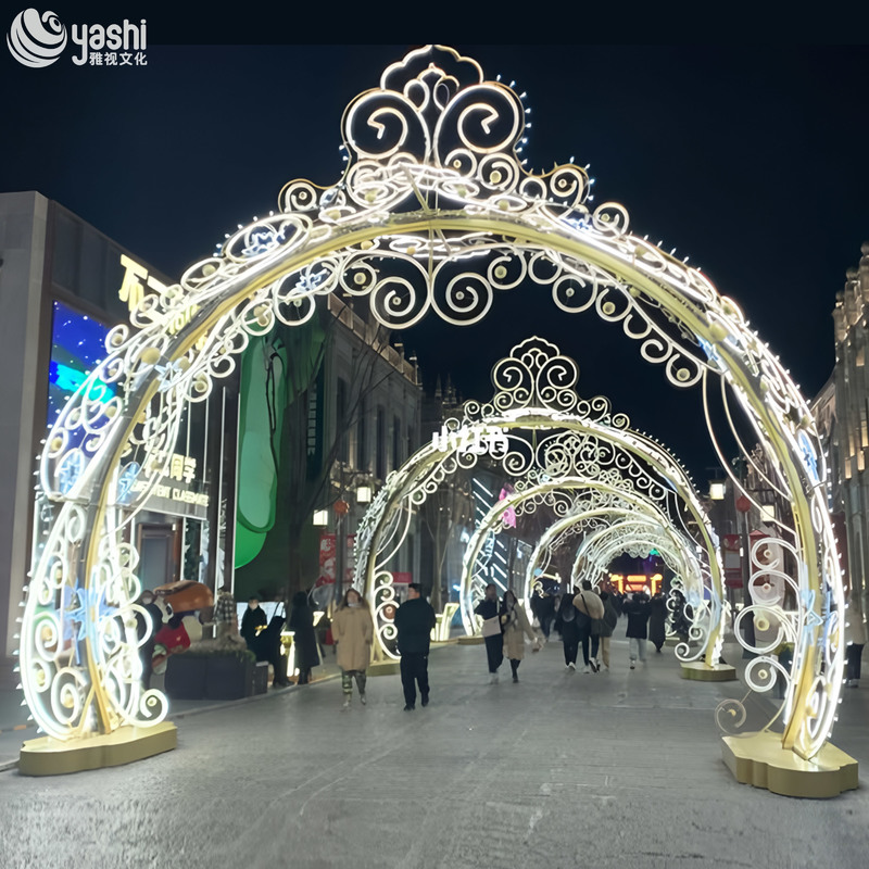 Luxury Golden Scroll LED Light Arch Tunnel, Outdoor Waterproof Ornate Lighted Archway for Plaza Christmas Light Festival