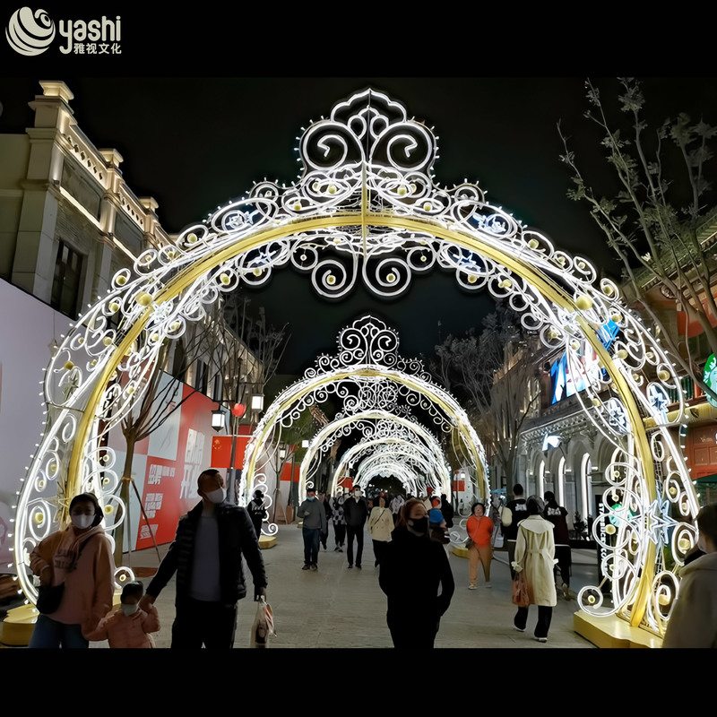 Luxury Golden Scroll LED Light Arch Tunnel, Outdoor Waterproof Ornate Lighted Archway for Plaza Christmas Light Festival