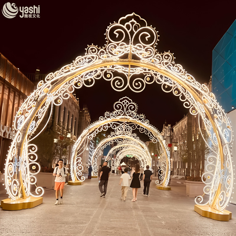 Luxury Golden Scroll LED Light Arch Tunnel, Outdoor Waterproof Ornate Lighted Archway for Plaza Christmas Light Festival