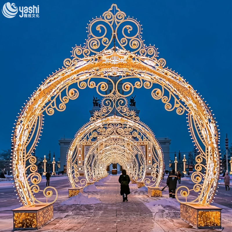 Luxury Golden Scroll LED Light Arch Tunnel, Outdoor Waterproof Ornate Lighted Archway for Plaza Christmas Light Festival