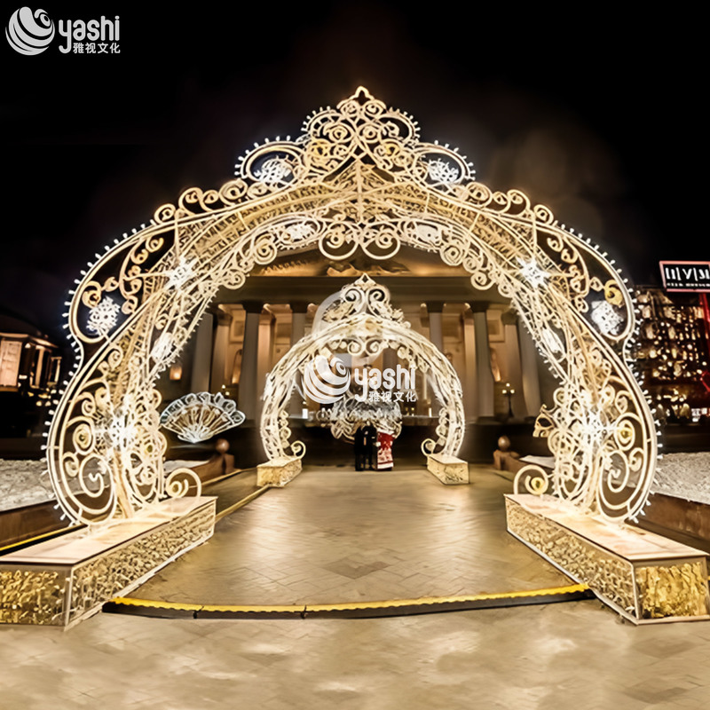 Custom Luxury Lace Pattern LED Arch Motif Light, Double Layer Ornate Light Tunnel for Shopping Mall Christmas Entrance Decoration