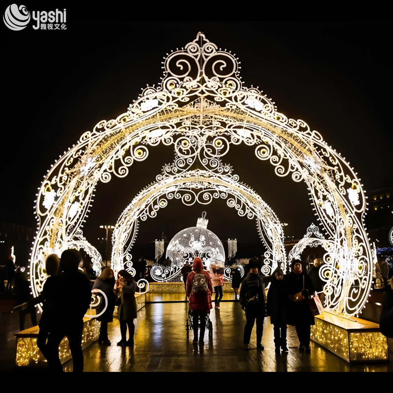 Custom Luxury Lace Pattern LED Arch Motif Light, Double Layer Ornate Light Tunnel for Shopping Mall Christmas Entrance Decoration