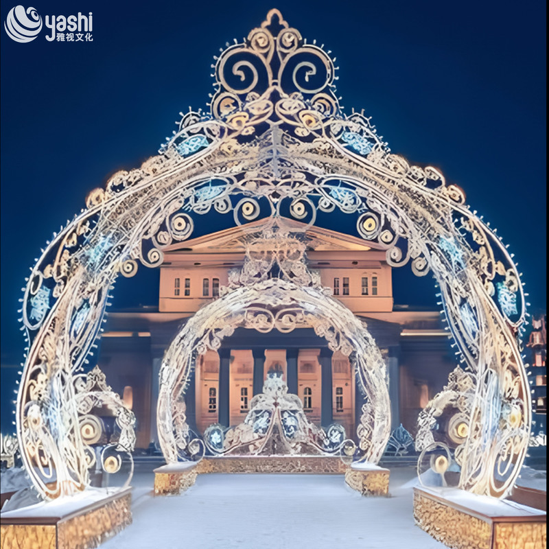 Custom Luxury Lace Pattern LED Arch Motif Light, Double Layer Ornate Light Tunnel for Shopping Mall Christmas Entrance Decoration