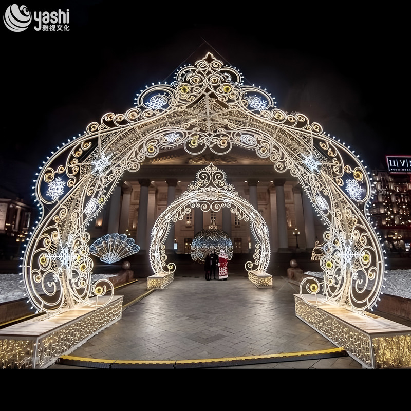 Custom Luxury Lace Pattern LED Arch Motif Light, Double Layer Ornate Light Tunnel for Shopping Mall Christmas Entrance Decoration