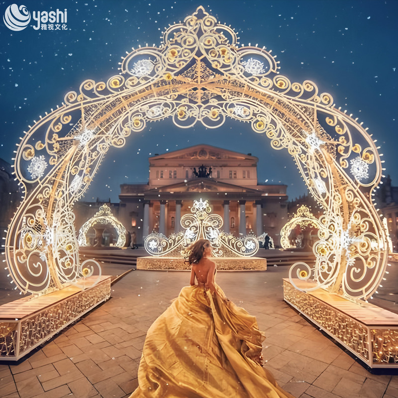Custom Luxury Lace Pattern LED Arch Motif Light, Double Layer Ornate Light Tunnel for Shopping Mall Christmas Entrance Decoration
