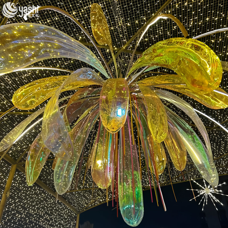 Hanging Transparent Acrylic Flower Light Sculpture, LED Floral Pendant Light for Shopping Mall Ceiling & Night Scenic Decoration