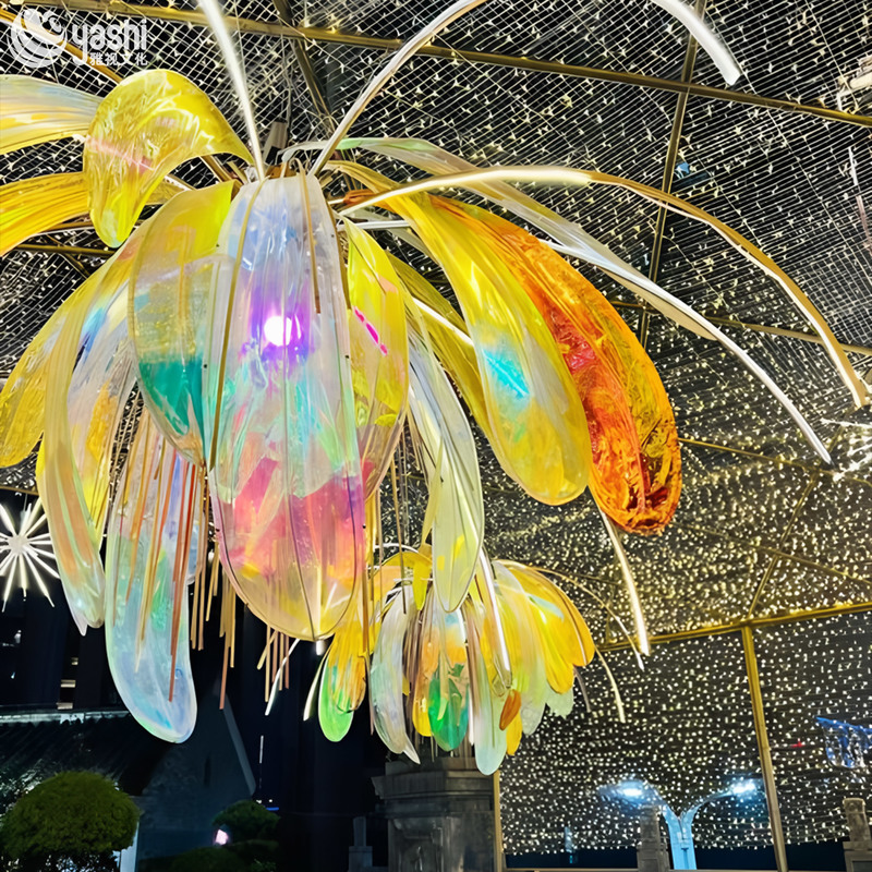 Hanging Transparent Acrylic Flower Light Sculpture, LED Floral Pendant Light for Shopping Mall Ceiling & Night Scenic Decoration