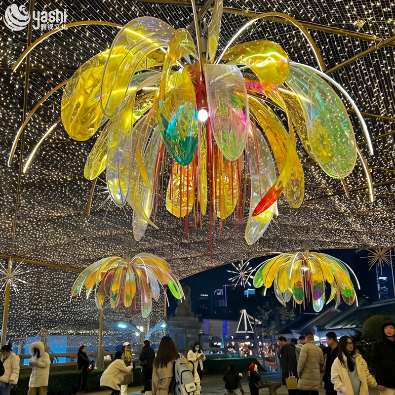 Hanging Transparent Acrylic Flower Light Sculpture, LED Floral Pendant Light for Shopping Mall Ceiling & Night Scenic Decoration