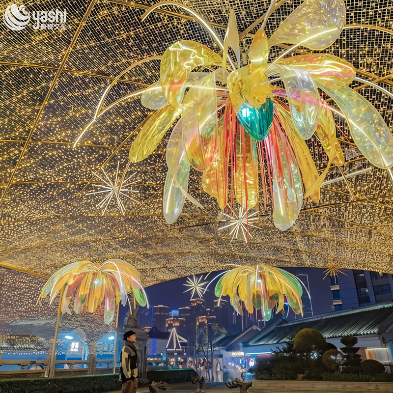 Hanging Transparent Acrylic Flower Light Sculpture, LED Floral Pendant Light for Shopping Mall Ceiling & Night Scenic Decoration