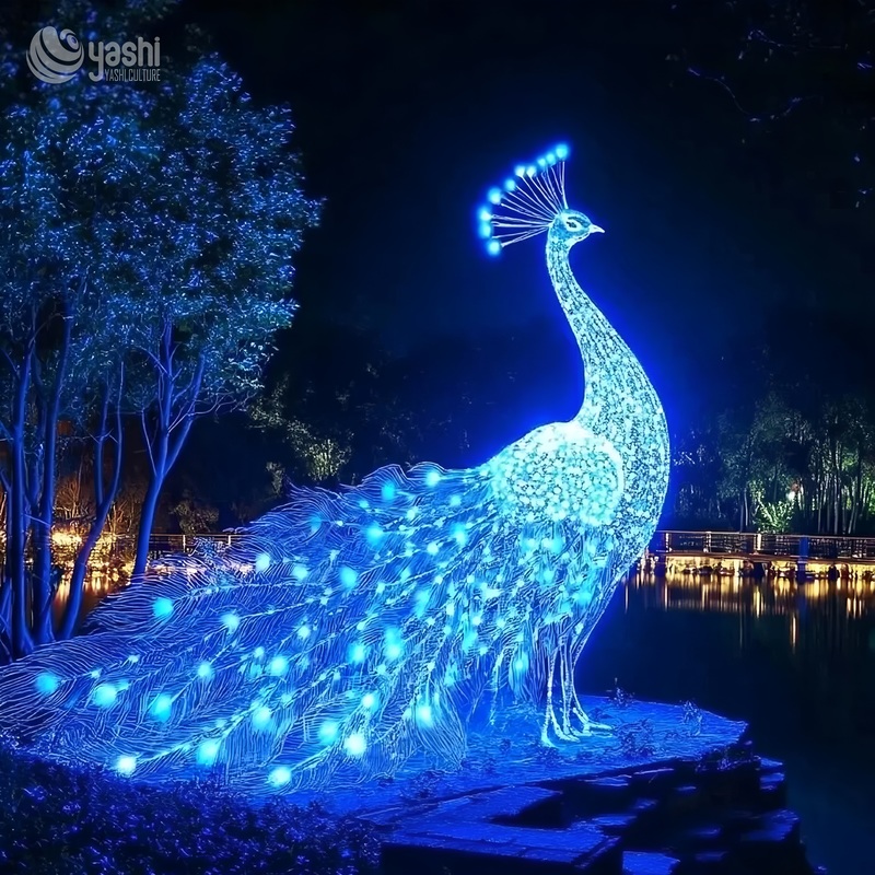 Custom Peacock LED Light Sculpture, Outdoor Waterproof Animal Motif Light Display for Park & Light Festival