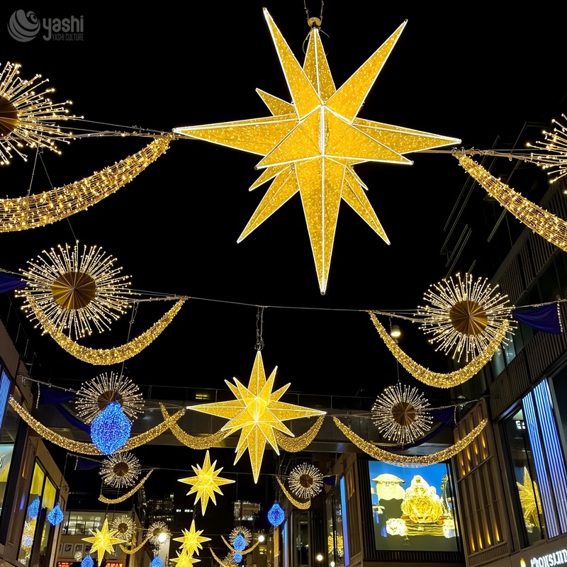 3D Multi-pointed Star & Flower LED Motif Light Set, Hanging Street Ceiling Light Sculpture for Shopping Mall Street Christmas Decoration