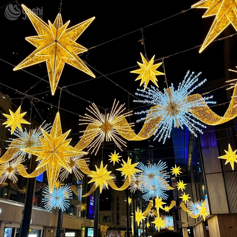 3D Multi-pointed Star & Flower LED Motif Light Set, Hanging Street Ceiling Light Sculpture for Shopping Mall Street Christmas Decoration