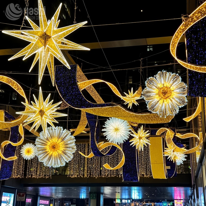 3D Multi-pointed Star & Flower LED Motif Light Set, Hanging Street Ceiling Light Sculpture for Shopping Mall Street Christmas Decoration