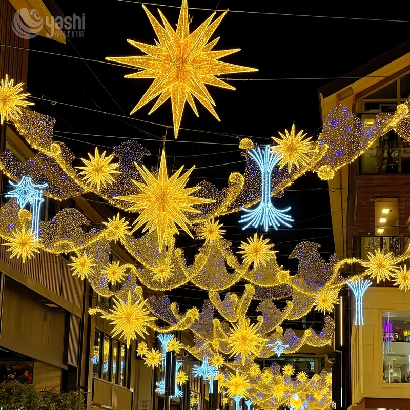 3D Multi-pointed Star & Flower LED Motif Light Set, Hanging Street Ceiling Light Sculpture for Shopping Mall Street Christmas Decoration