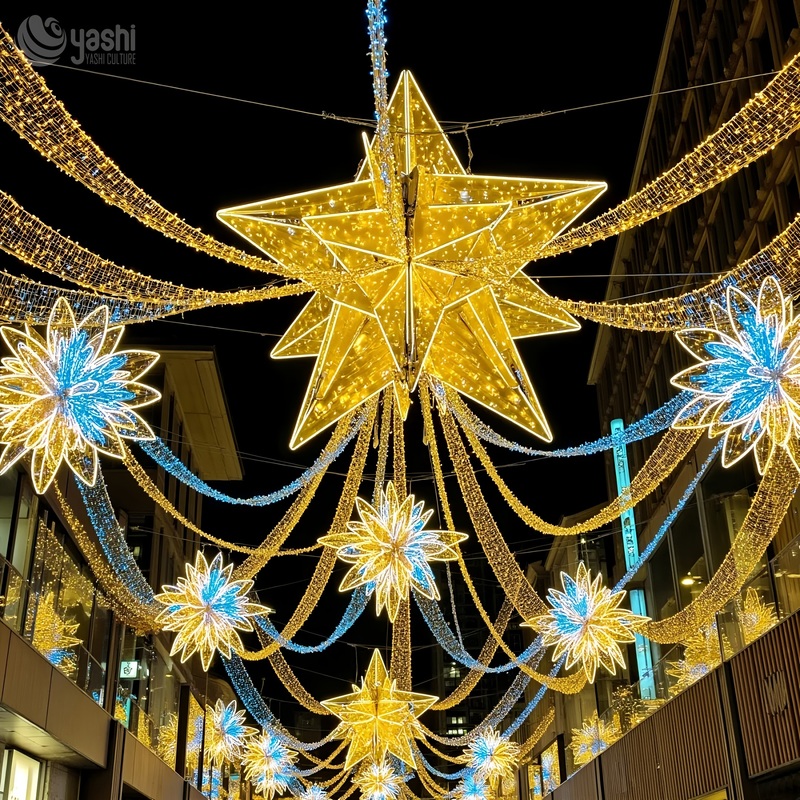 3D Multi-pointed Star & Flower LED Motif Light Set, Hanging Street Ceiling Light Sculpture for Shopping Mall Street Christmas Decoration