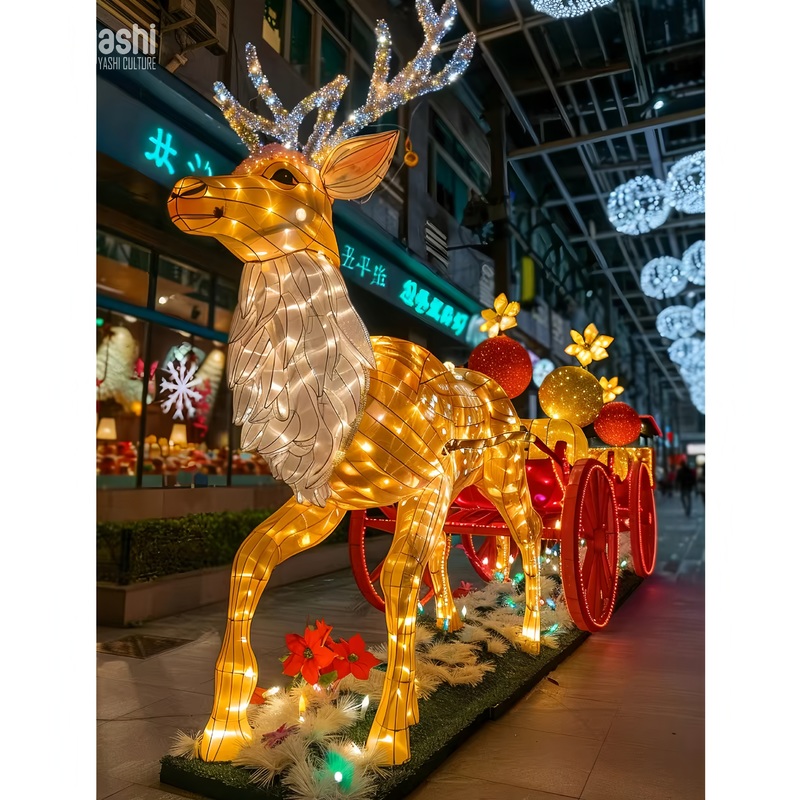 Custom Large LED Lighted Reindeer & Sleigh Sculpture, Outdoor Waterproof Christmas Light Decoration For Mall Plaza Display