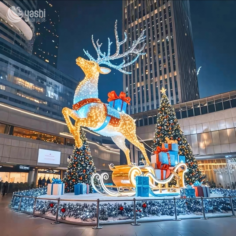 Giant Leaping Reindeer & Sleigh LED Light Sculpture Set, Outdoor Commercial Christmas Landscape Lights