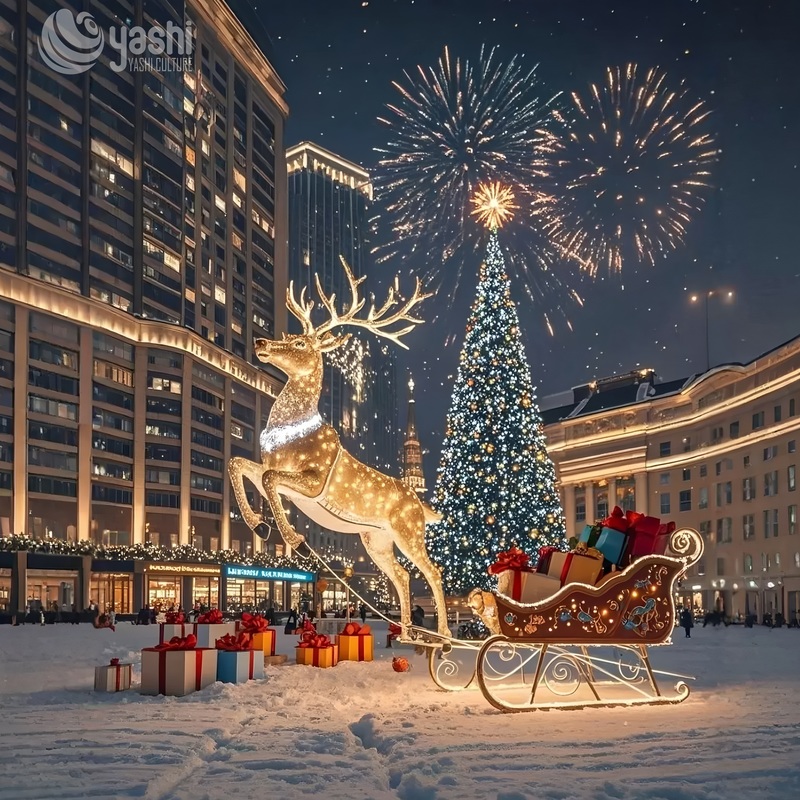 Giant Leaping Reindeer & Sleigh LED Light Sculpture Set, Outdoor Commercial Christmas Landscape Lights