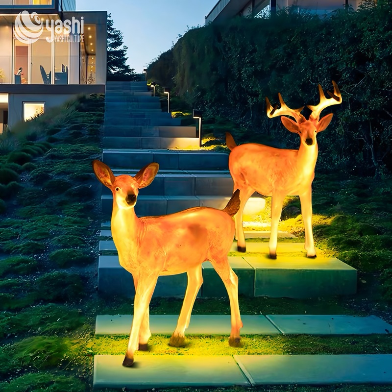 Giant Leaping Reindeer & Sleigh LED Light Sculpture Set, Outdoor Commercial Christmas Landscape Lights