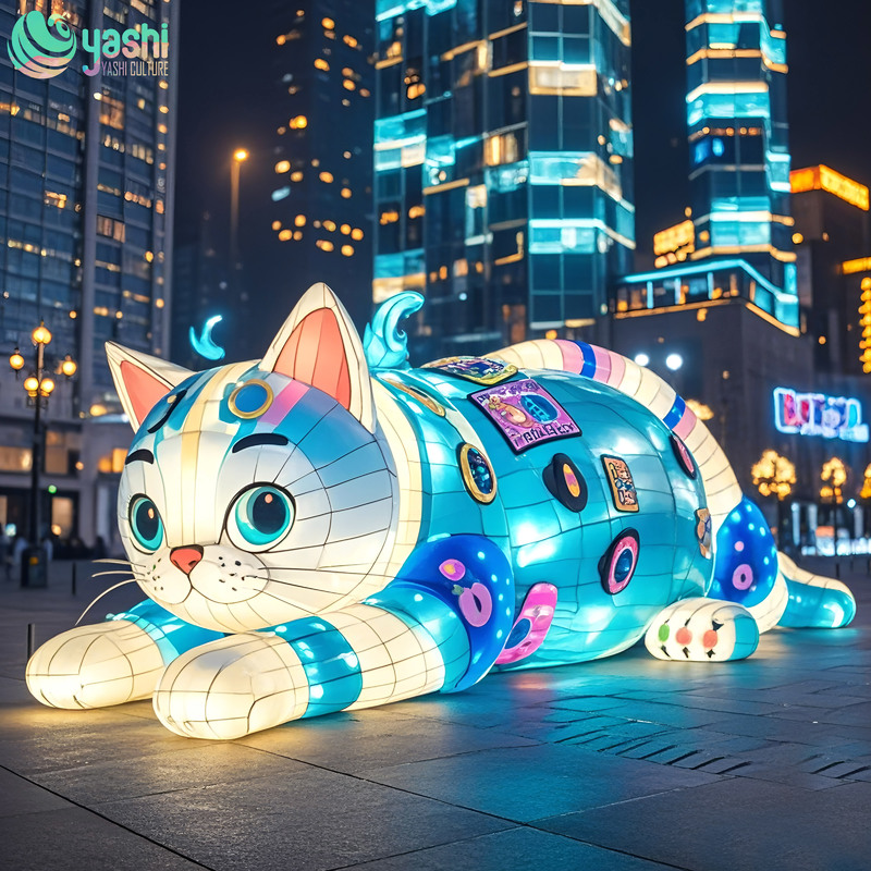 A glowing cat-shaped lantern made of wire, with a waterproof silk fabric cover