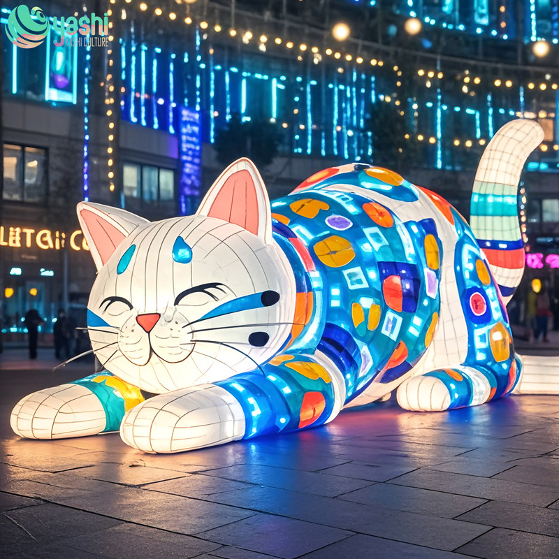 A glowing cat-shaped lantern made of wire, with a waterproof silk fabric cover