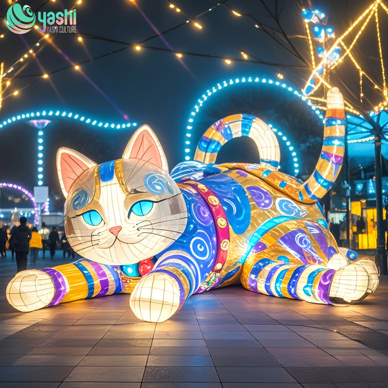 Custom Giant Sleeping Cat Zigong Lantern, Colorful LED Cartoon Animal Light Sculpture for City Plaza & Shopping Mall Festival Show