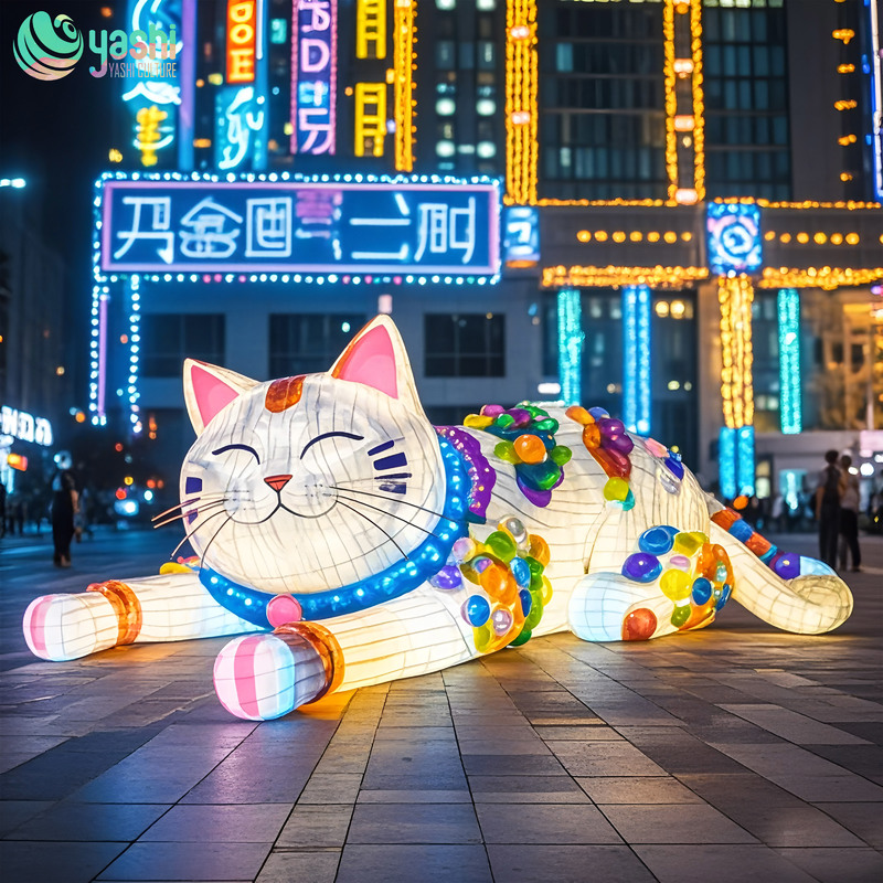A glowing cat-shaped lantern made of wire, with a waterproof silk fabric cover