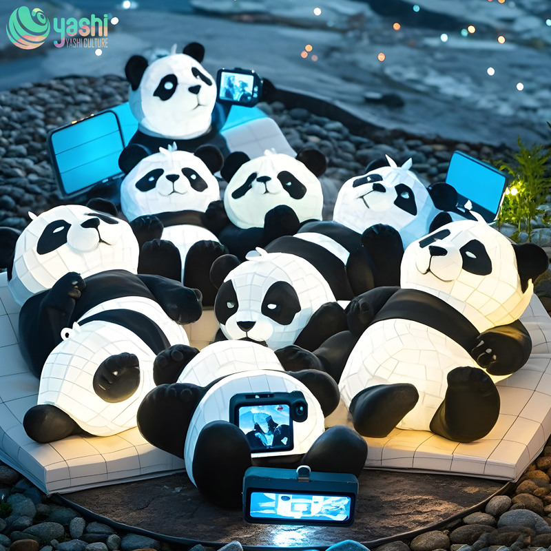 Lovely and hand-made panda-shaped lanterns made of iron wire and silk cloth, suitable for indoor/outdoor festival supplies and party supplies