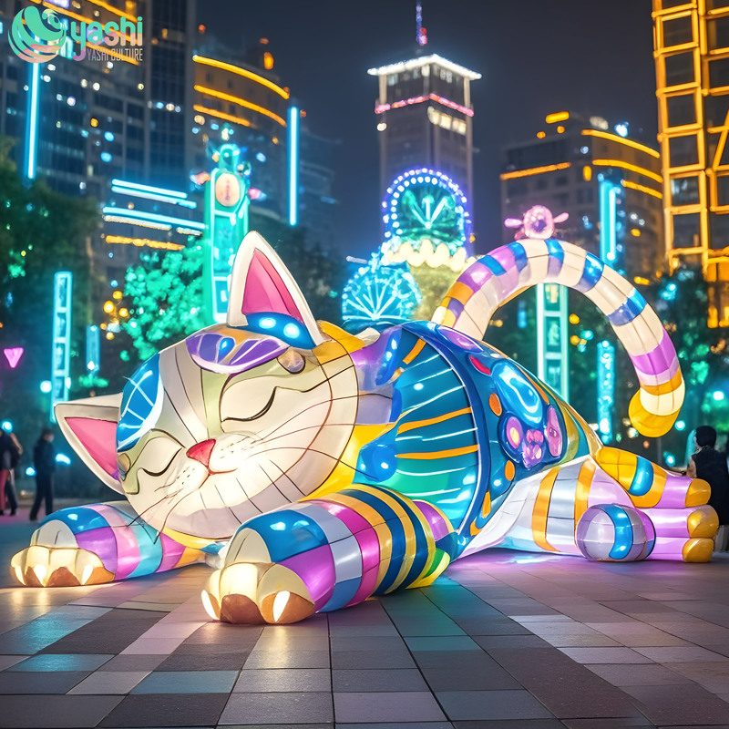 A glowing cat-shaped lantern made of wire, with a waterproof silk fabric cover