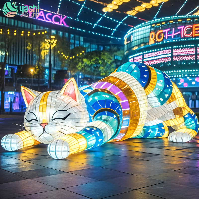 A glowing cat-shaped lantern made of wire, with a waterproof silk fabric cover