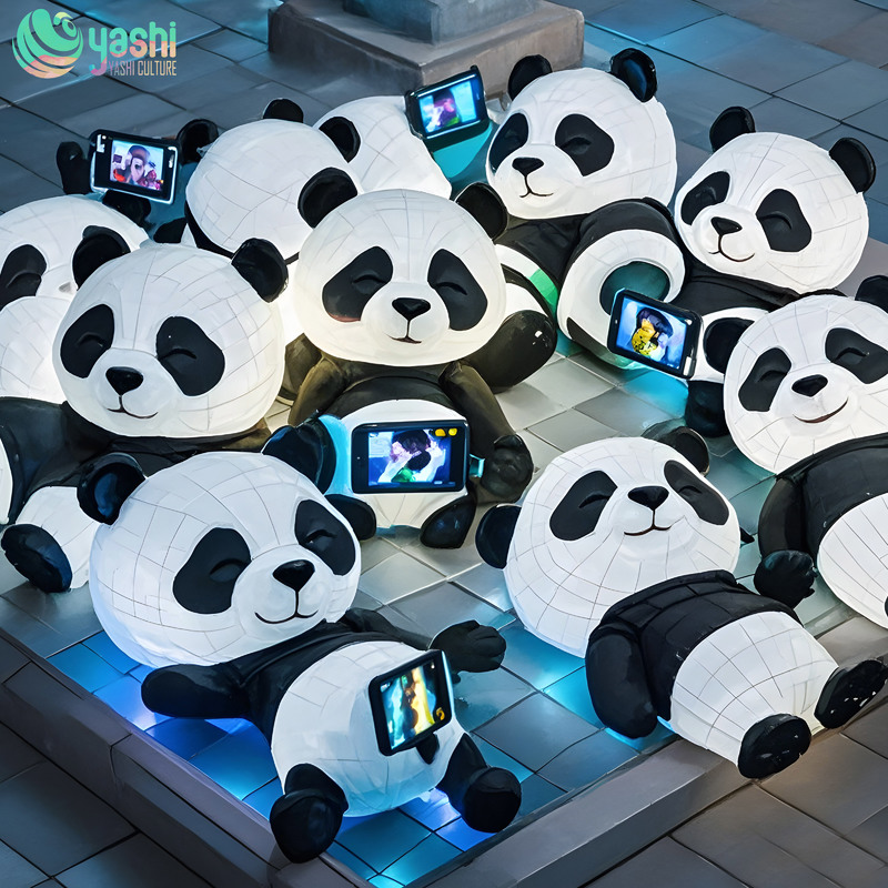 Lovely and hand-made panda-shaped lanterns made of iron wire and silk cloth, suitable for indoor/outdoor festival supplies and party supplies