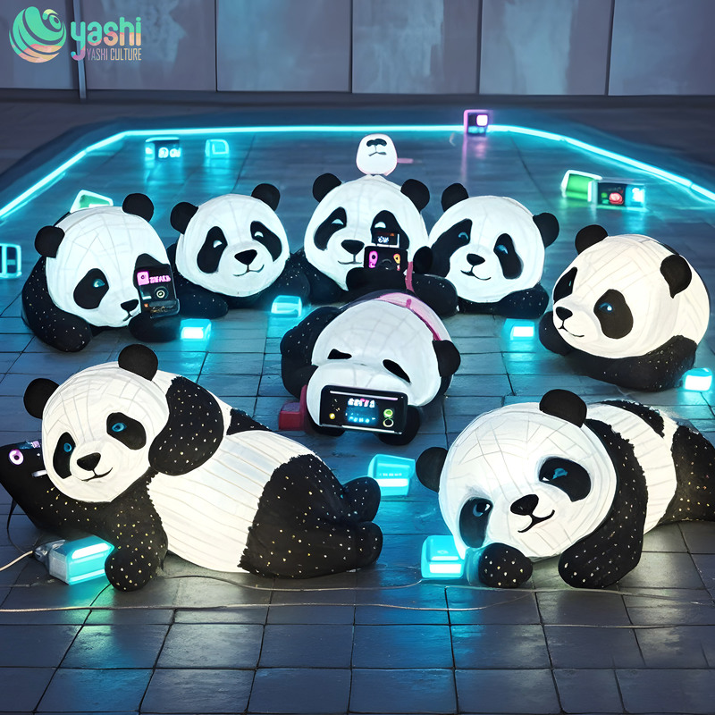 Lovely and hand-made panda-shaped lanterns made of iron wire and silk cloth, suitable for indoor/outdoor festival supplies and party supplies