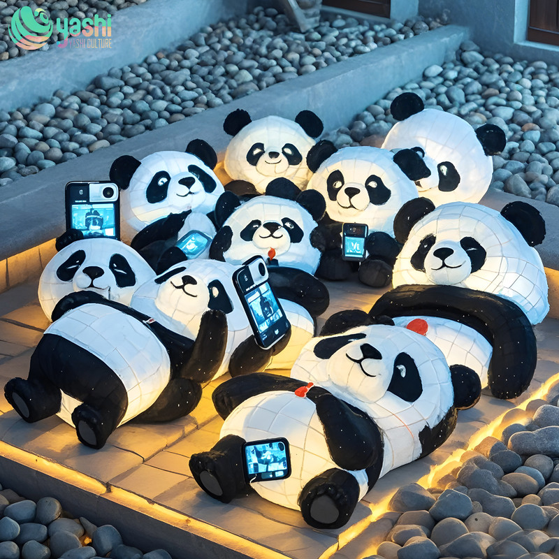 Lovely and hand-made panda-shaped lanterns made of iron wire and silk cloth, suitable for indoor/outdoor festival supplies and party supplies