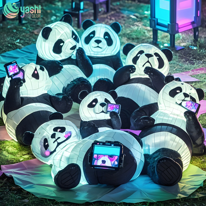 Lovely and hand-made panda-shaped lanterns made of iron wire and silk cloth, suitable for indoor/outdoor festival supplies and party supplies