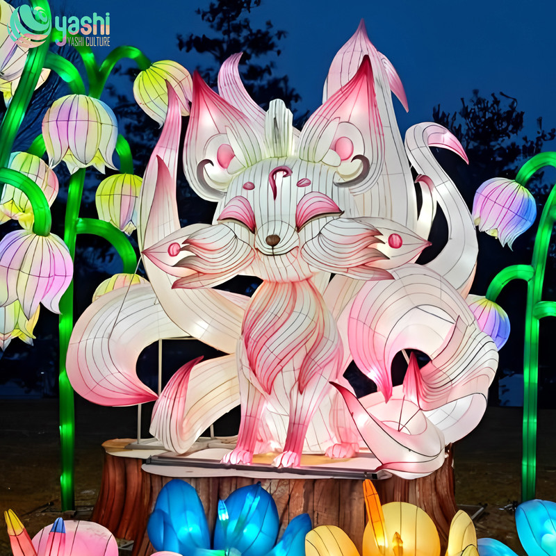 Custom Nine‑Tailed Fox Lantern, Mythical Creature LED Light Sculpture for Theme Park Light Festival
