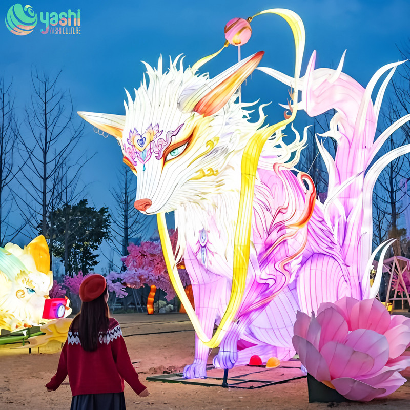 Custom Nine‑Tailed Fox Lantern, Mythical Creature LED Light Sculpture for Theme Park Light Festival