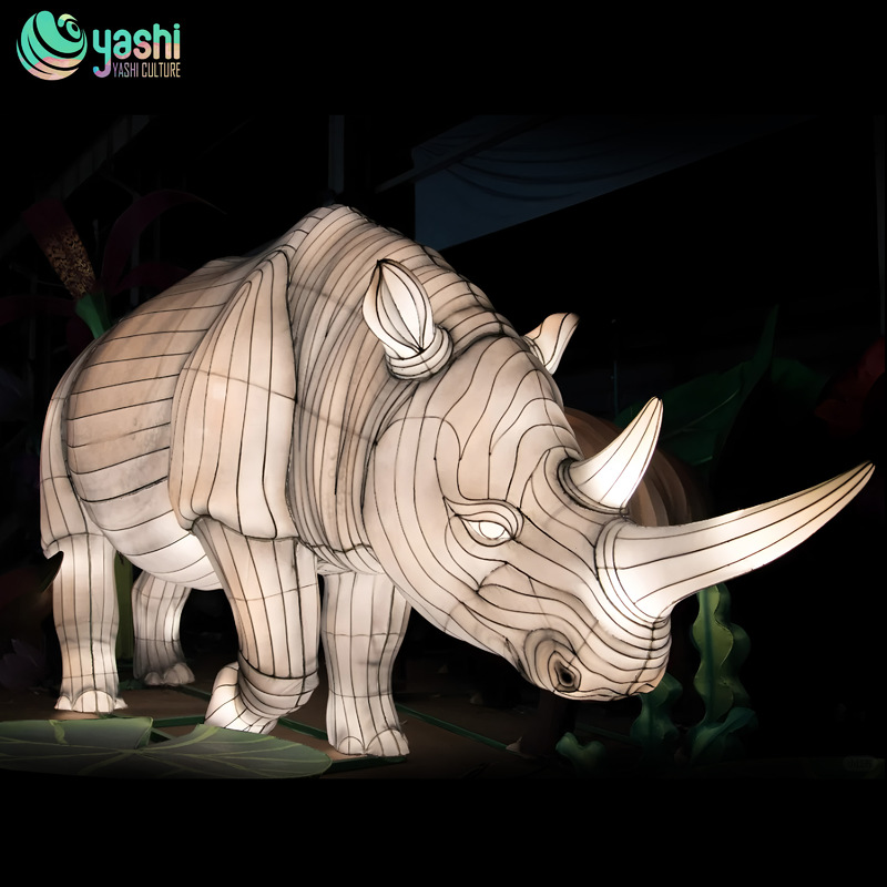Rhinoceros-shaped lantern made of iron wire and silk cloth for festival events and zoos