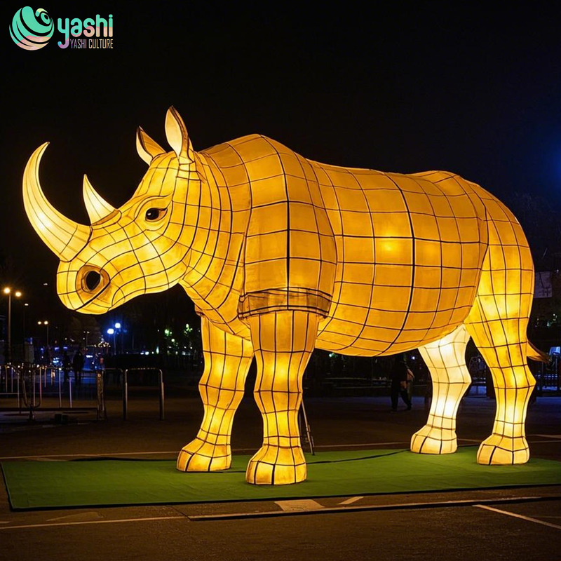 Rhinoceros-shaped lantern made of iron wire and silk cloth for festival events and zoos