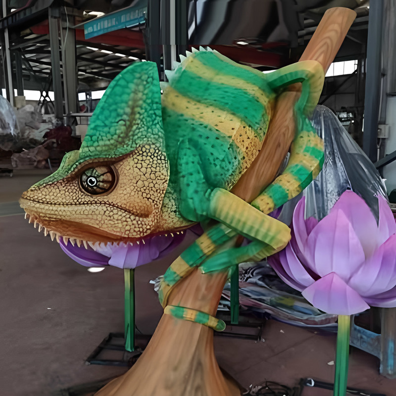 Custom Chameleon LED Lantern, Colorful Reptile Animal Light Sculpture with Tropical Plant for Jungle Theme Park Lantern Show