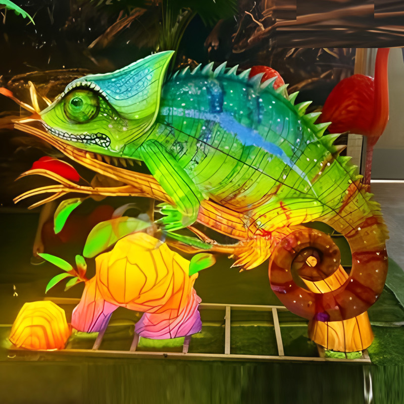 Custom Chameleon LED Lantern, Colorful Reptile Animal Light Sculpture with Tropical Plant for Jungle Theme Park Lantern Show