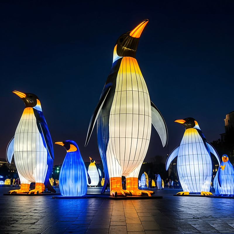 Custom Penguin Family Zigong Lantern Set, Giant LED Winter Animal Light Sculpture for Outdoor Plaza Christmas & Winter Festival Show
