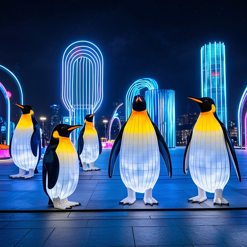 Custom Penguin Family Zigong Lantern Set, Giant LED Winter Animal Light Sculpture for Outdoor Plaza Christmas & Winter Festival Show