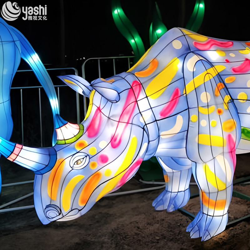 Custom Colorful Painted Rhinoceros Zigong Lantern, Giant LED Animal Light Sculpture for Night Festival & Theme Park