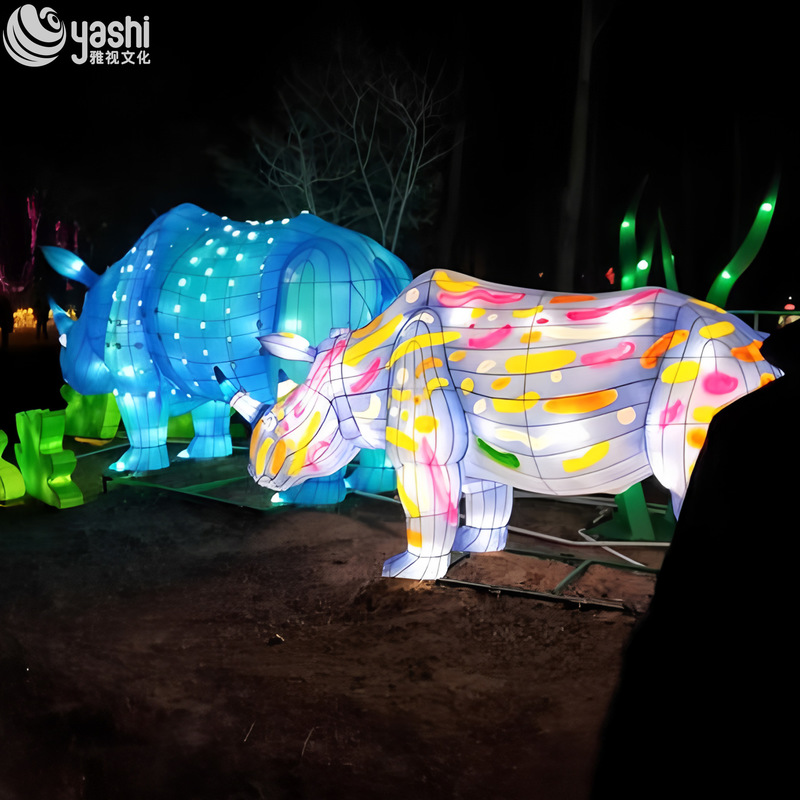 Custom Colorful Painted Rhinoceros Zigong Lantern, Giant LED Animal Light Sculpture for Night Festival & Theme Park