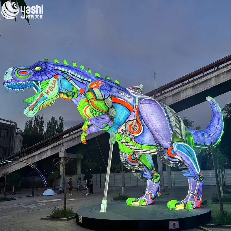 Custom Mecha‑Style T‑Rex Dinosaur Zigong Lantern, Giant LED Robot Dinosaur Light Sculpture for Theme Park Night Festival