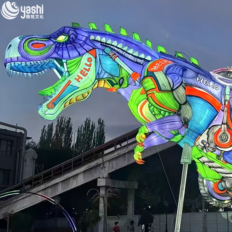 Custom Mecha‑Style T‑Rex Dinosaur Zigong Lantern, Giant LED Robot Dinosaur Light Sculpture for Theme Park Night Festival