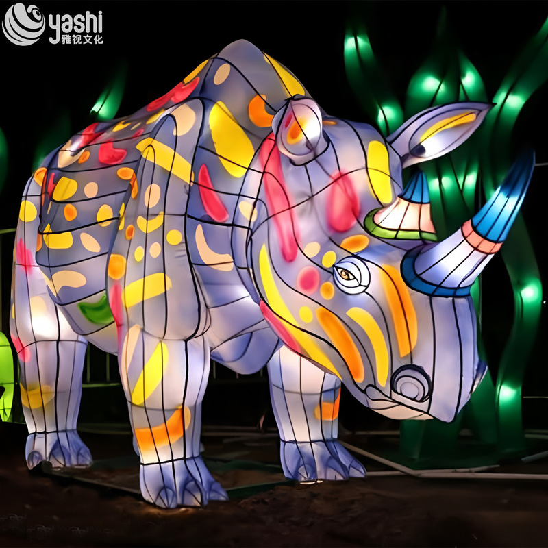 Custom Colorful Painted Rhinoceros Zigong Lantern, Giant LED Animal Light Sculpture for Night Festival & Theme Park