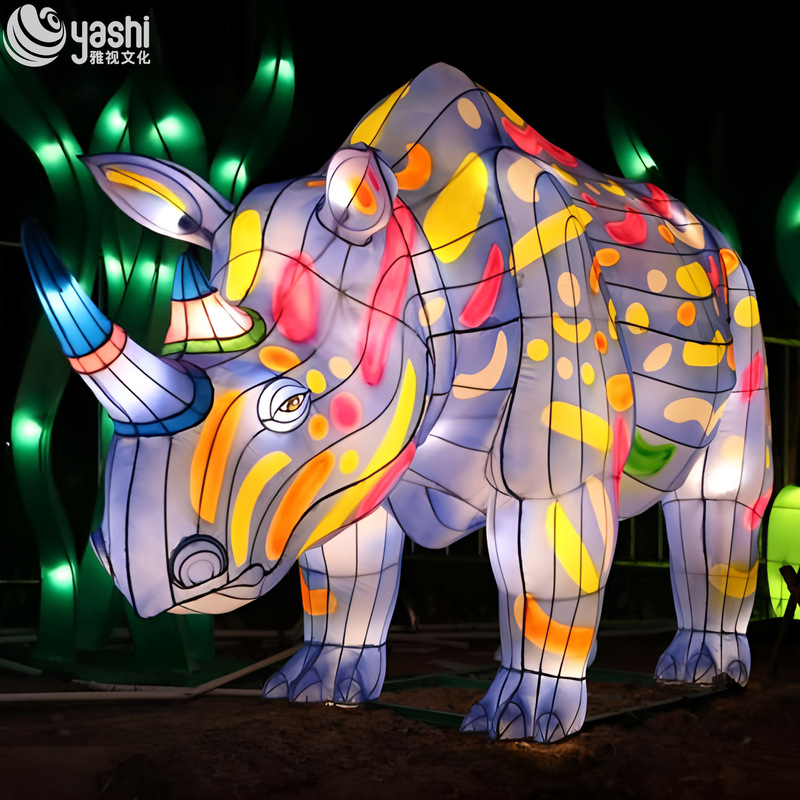 Custom Colorful Painted Rhinoceros Zigong Lantern, Giant LED Animal Light Sculpture for Night Festival & Theme Park