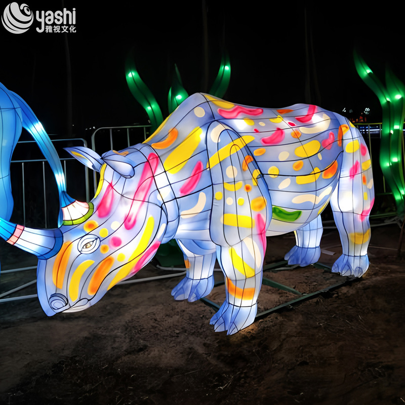 Custom Colorful Painted Rhinoceros Zigong Lantern, Giant LED Animal Light Sculpture for Night Festival & Theme Park